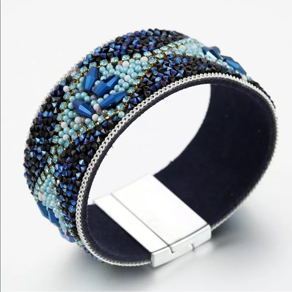 Blue Rhinestone LeatherCuff Bracelet MagneticClasp - Picture 3 of 5